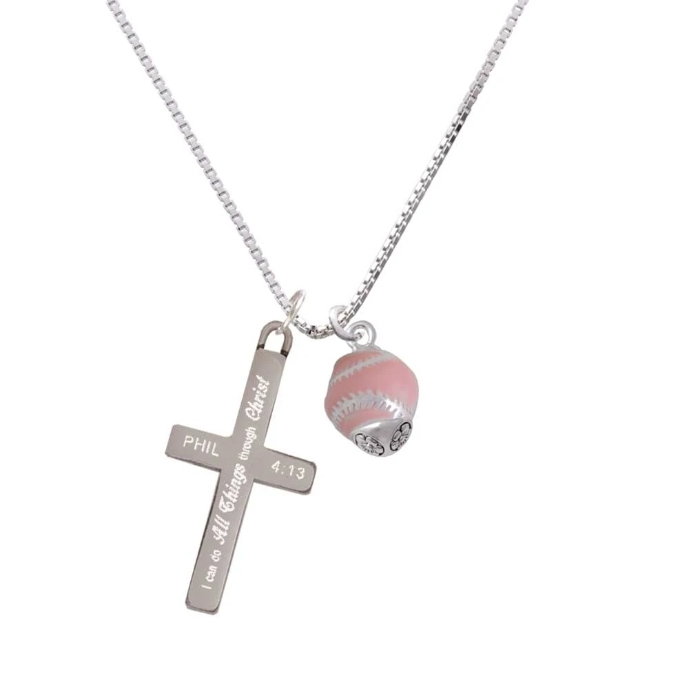 Pink Softball with Silver Tone Stitching Spinner - I Can Do All Things - Cross Necklace