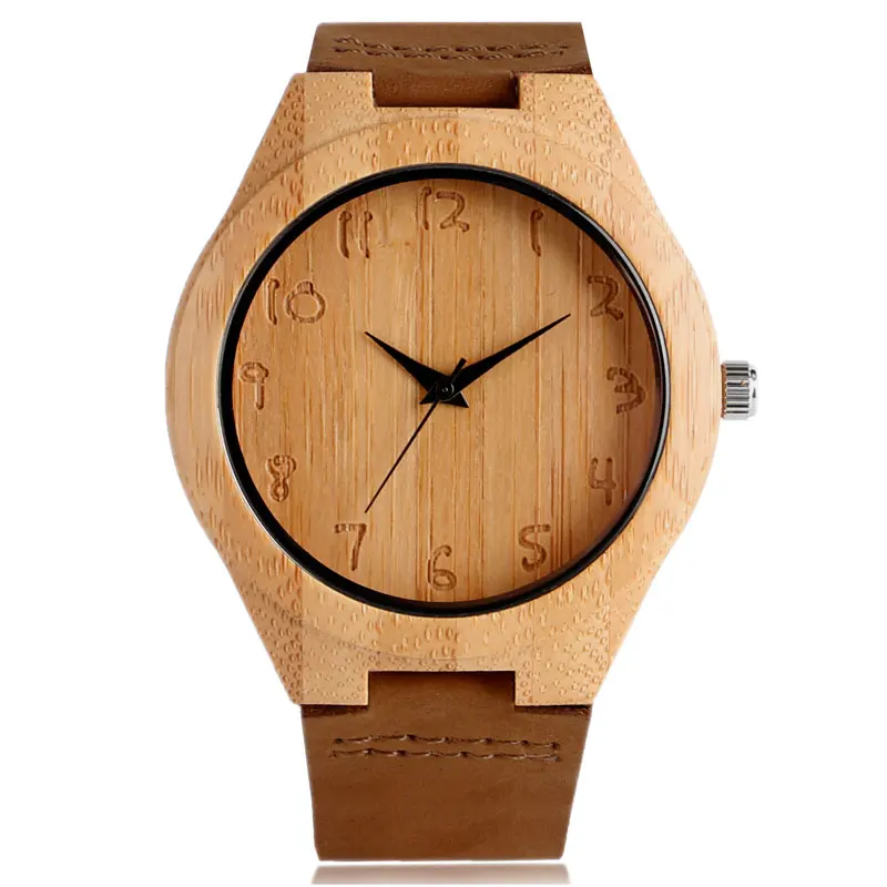 Simple Bamboo Wooden Watch Men's Handmade Engraved Arabic Numbers Novel Fashion Sport Clock Male Genuine Leather Souvenir Gifts 2018 (2)