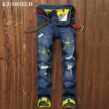 Узкие Джинсы Мужчин Slim fit Прямые Мужские Джинсовые Брюки Бренд Дизайнер Моды Полная Длина Джинсы Мужчины Разорвал Джинсы 100% Хлопок