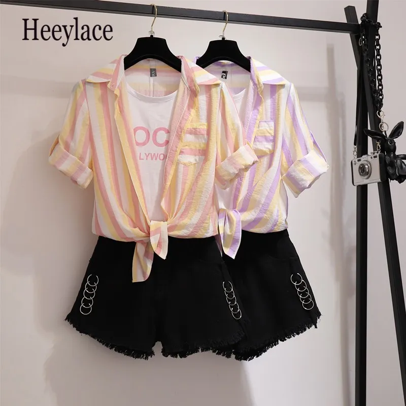 

3 piece plus set for women 2019 summer dress suit chiffon multi color top+solid vest +high waist shorts lady set large size 5xl