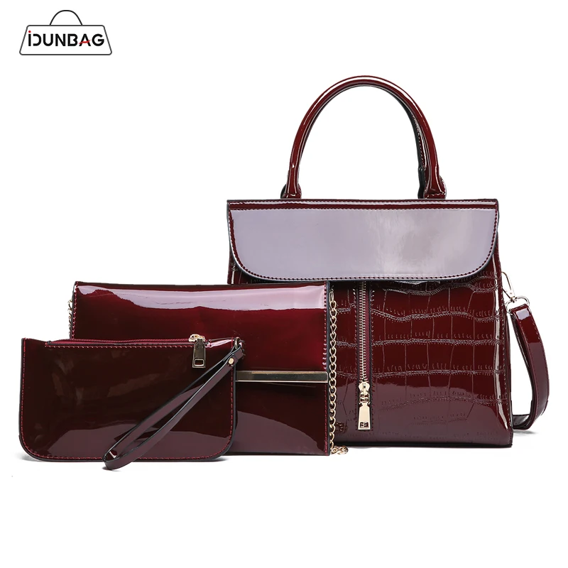 

Red/Black/Blue Crocodile Bags Women Handbags And Purse Set 3Pcs Bright Patent Leather Tote Bags+Chain Shoulder Crossbody Bag Sac