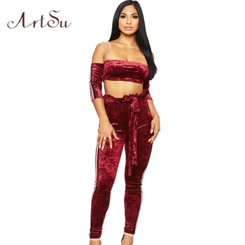 

ArtSu Women Velvet Stripe Sets Crop Top Long Pant Two Piece Set Sexy Outfits Tied Tracksuit 2018 Winter Spring Suit ASSU30132