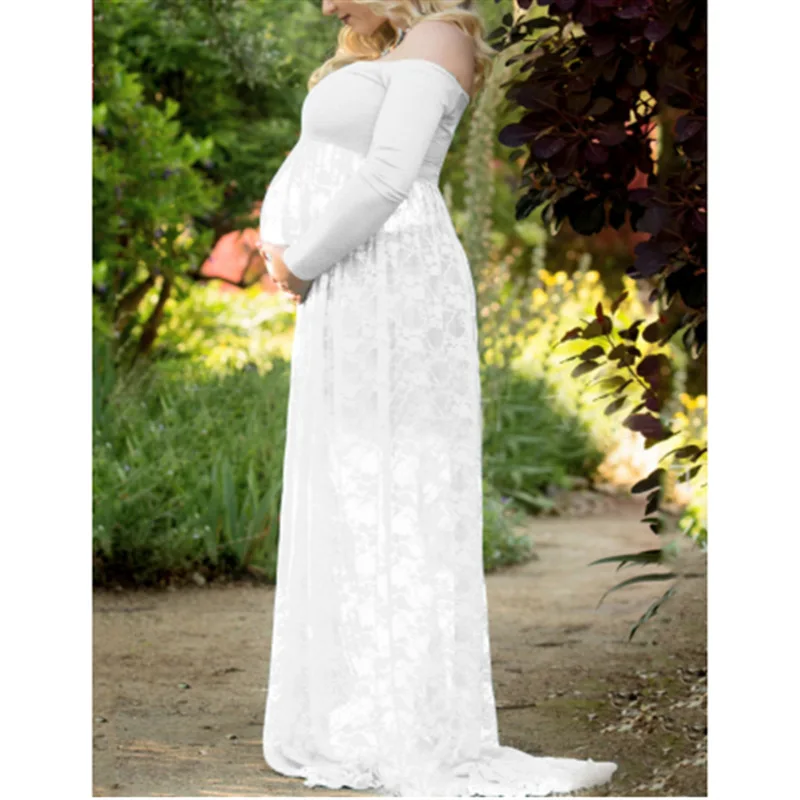 maternity solid white lace off shoulder dress