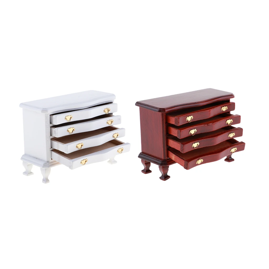 2 Set 1/12 Miniature Wooden 4-Drawer Cabinet Dresser Furniture for Dolls House Any Room Accessories Annatto & White Color