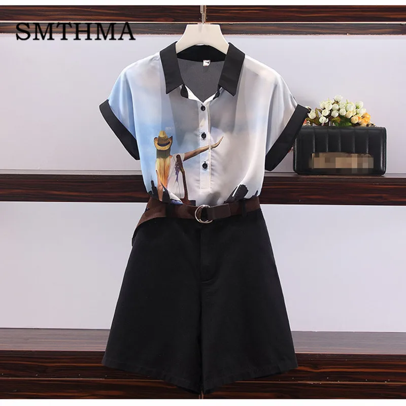 

SMTHMA 2019 New arrival Summer Short sleeve print womens tops and blouses+plus size for women 3xl 4xl 5xl shorts two piece set