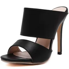 2016 Women white black leather strappy cut out open toe mules slides sandals slippers casual heels pumps concise matrue shoes