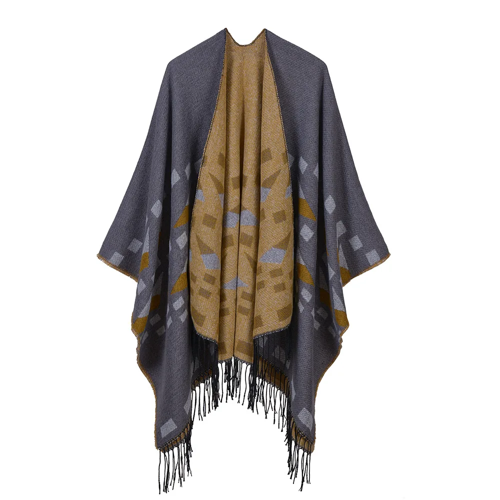 Новое кашемировое пончо для женщин с геометрическим узором шаль обёрточная бумага зимнее плотное теплое одеяло шарф большой пашмины Двусторонняя ноская - Цвет: gray