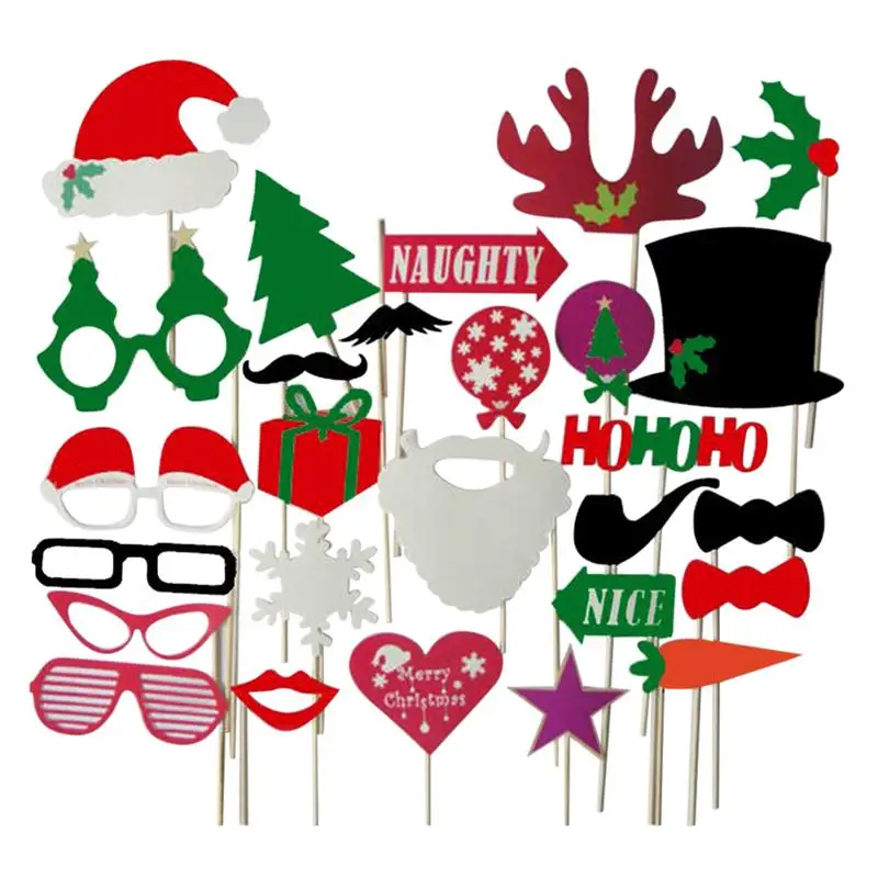 

28 Pcs Christmas Party Photo Booth Props Creative Posing Props Christmas Trees Hats Glasses Mustache Kit for Party Decoration