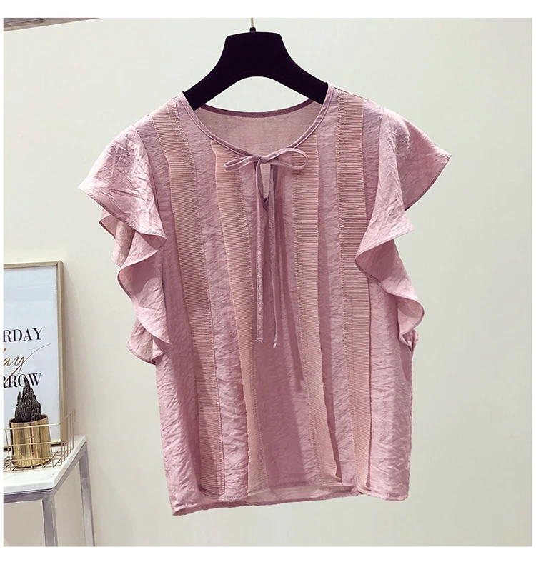 Распродажа, новинка, Blusa, женский короткий рукав-бабочка гофрированная манжета, однотонная элегантная шифоновая одежда без подкладки, с полями живота, маленькие блузки