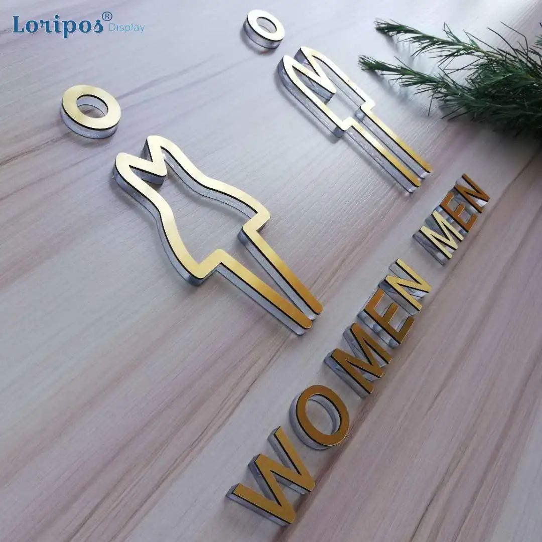 High Grade Toilet Sign Men And Women Wc Sign For Bathroom Door Sign Gold Acrylic Wall letters Wall Signage Word Block Customized