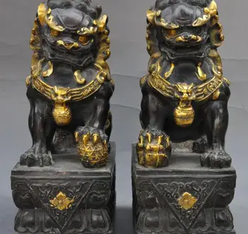 

chinese fengshui bronze gilt Exorcism evil foo dog lion beast ball statue pair