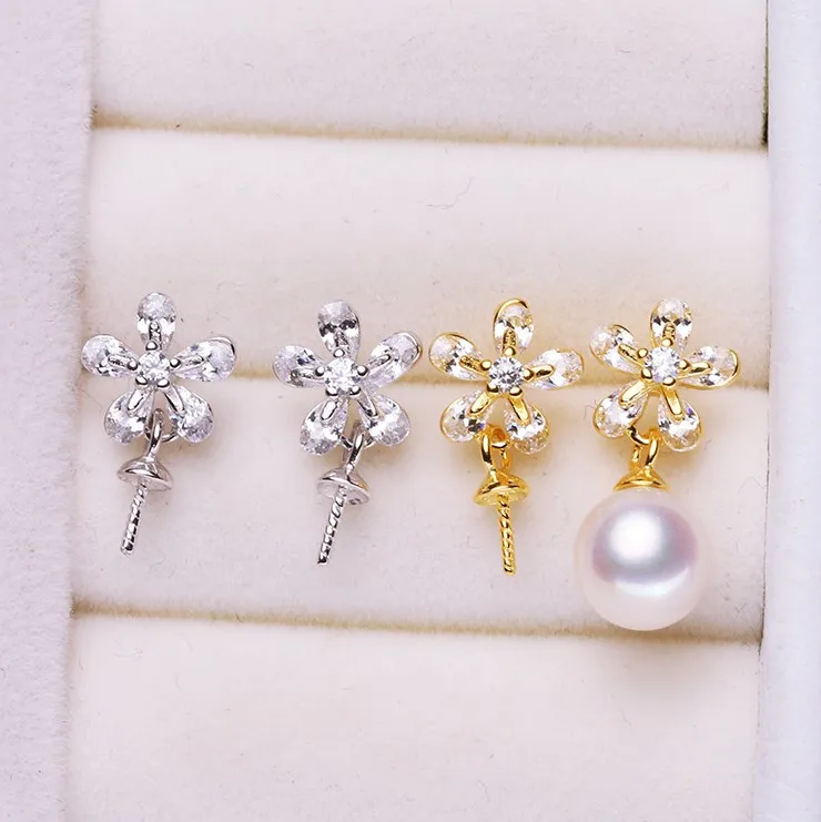 

925 Silver Pearl Earrings Fashion Drop Earrings Cute Flower Findings Exquisite Jewelry Parts Fittings Women's Accessories