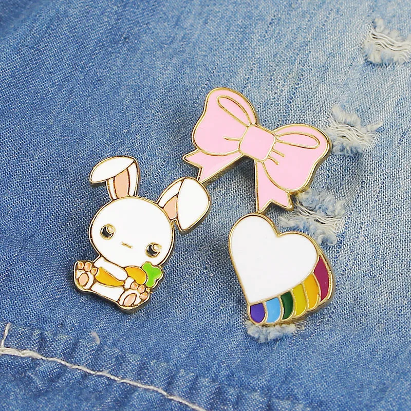 

Cartoon Animals Brooches Bunny Rabbit Bow-knot Heart Enamel Pins Button Pin Denim clothes Pin Kid Gift Jewelry Badge Brooch
