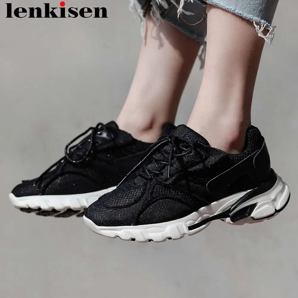

Lenkisen well-ventilated natural leather lace up sneakers med bottom plus size comfortable white sneakers vulcanized shoes L75