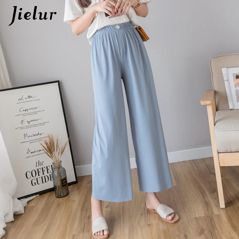 

Jielur Elastic Wide Leg Pants Women Summer Loose Casual Solid Color Ladies Straight Slim Trousers Harajuku Korean Pantalon Mujer