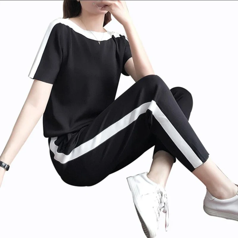 

Rlyaeiz 2019 Summer Fashion 2 Piece Set Women Sweat Suit Knitting Pullover + Ankle-length Pants Sporting Wear Female Tracksuit