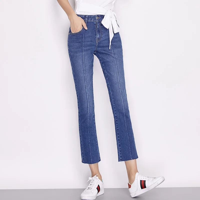 

LEIJIJEANS New Arrival Spring Plus Size L-6XL Solid Pleat Bleached Mid Waist Ankle Length Casual Women Slim Flare Jeans 6562