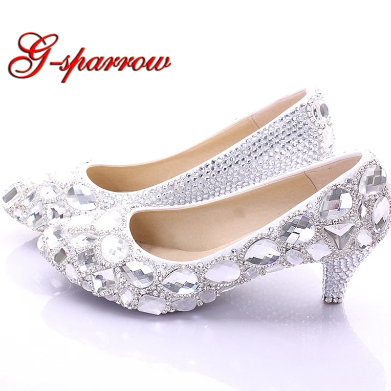 Silver Rhinestone Wedding Shoes Blingbling Diamond Woman Pumps 2 Inches Comfortable Middle Heel Mother of the Bride Shoes