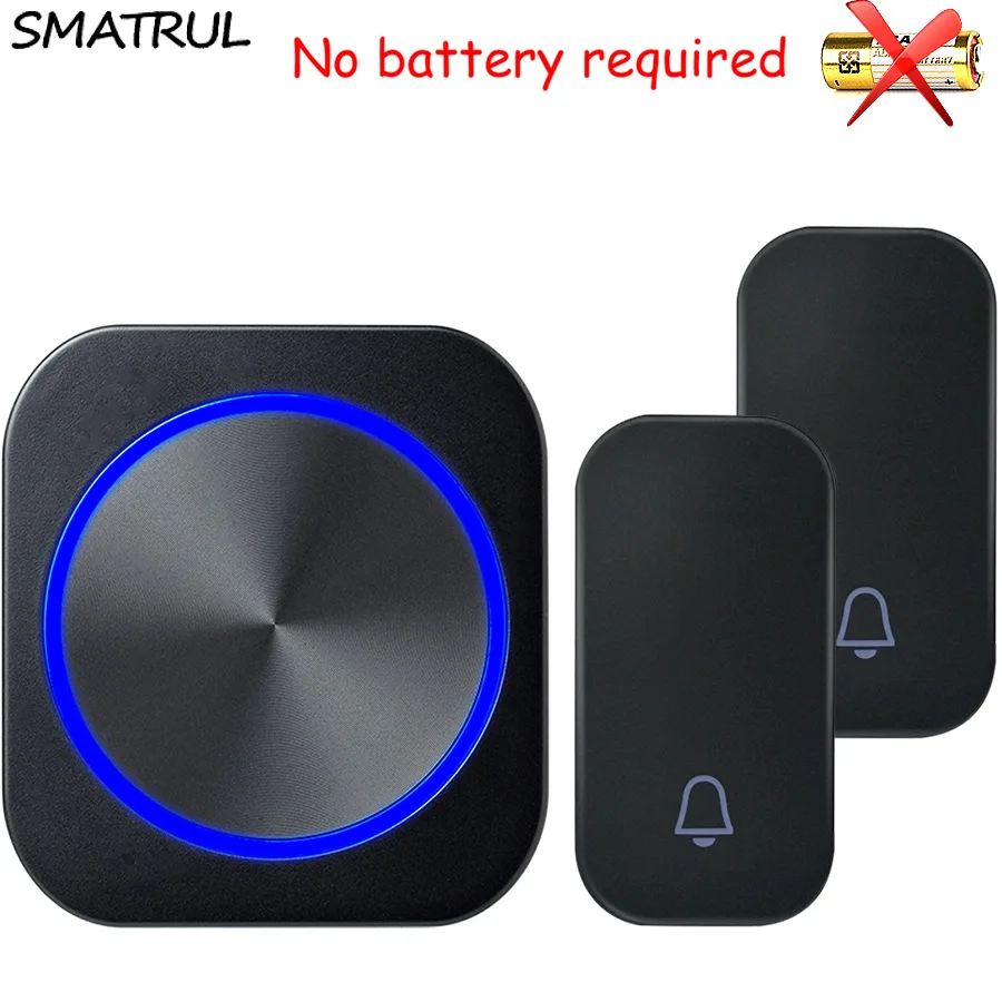 

SMATRUL self powered Waterproof Wireless Door Bell chime no battery EU plug LED light home Cordless DoorBell 2 button 1 Receiver