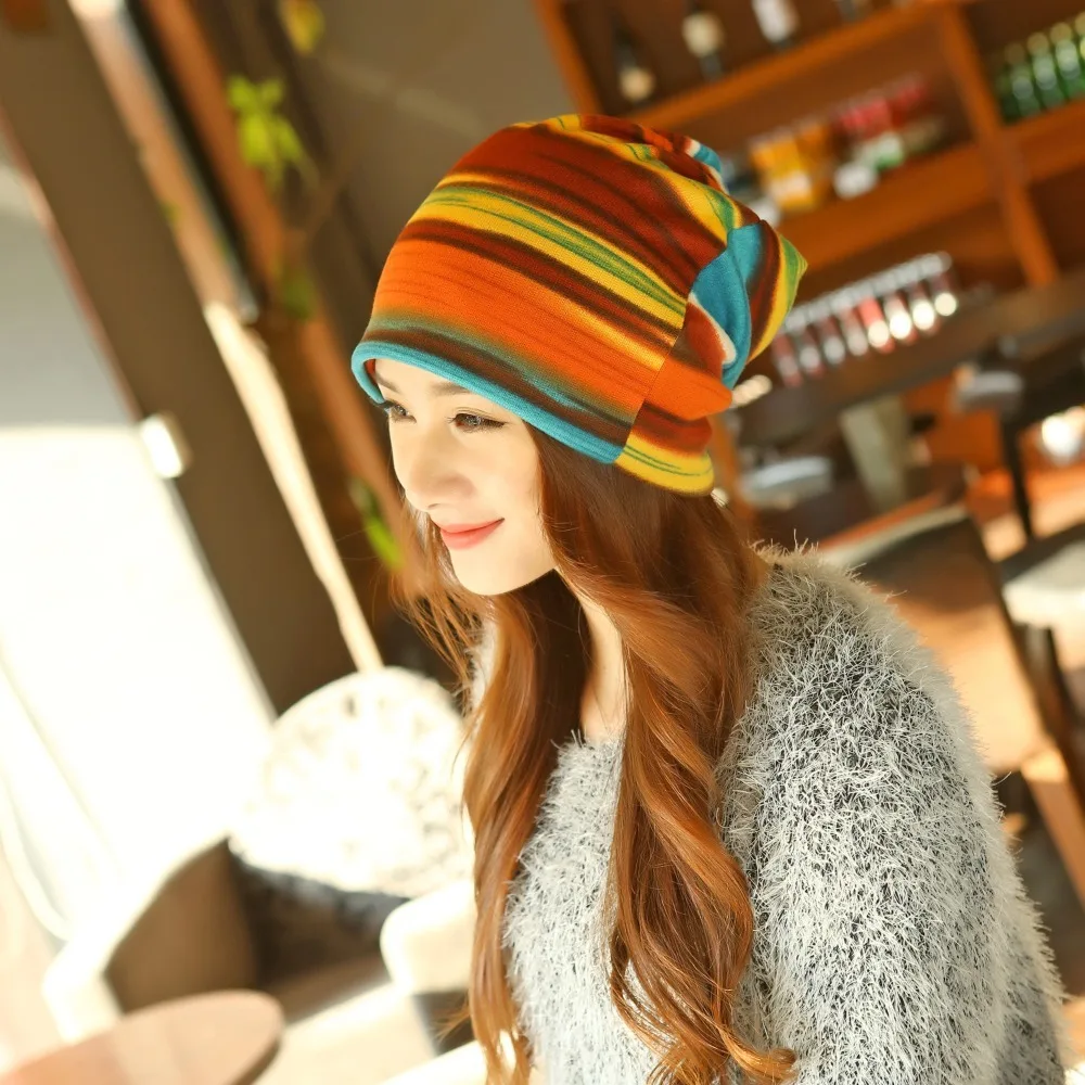 

Fashion Spring Women's Hat Turban Autumn Winter Warm Headdress Caps Colorful Striped Scarf Sport Sunscreen Beanies Accessories