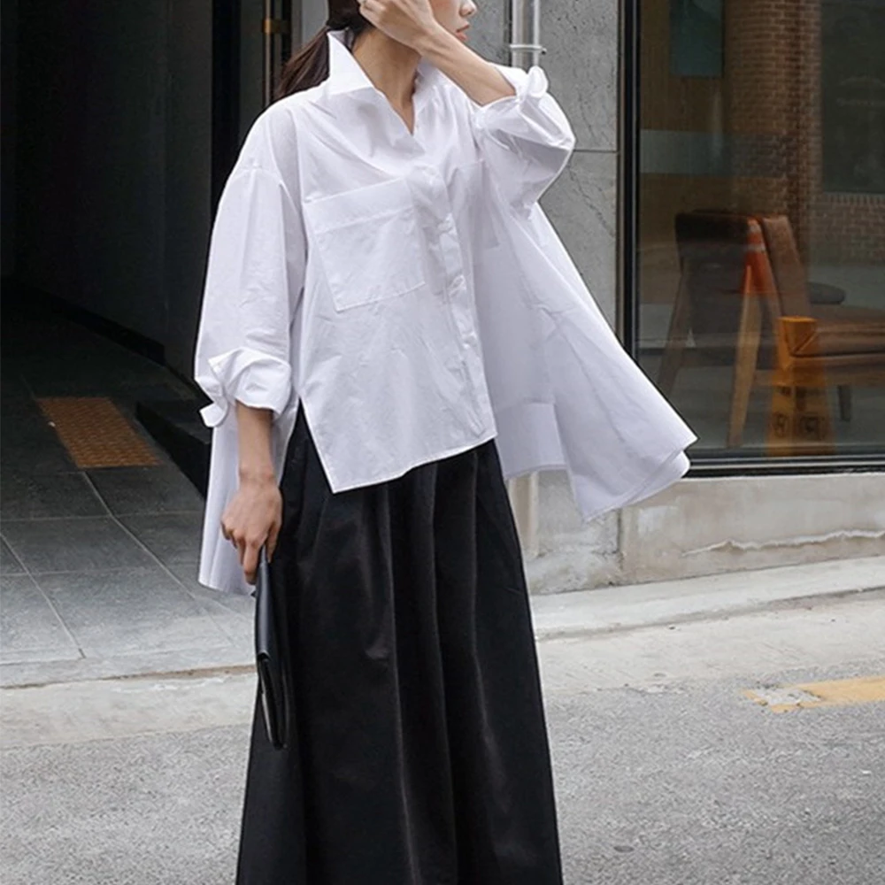 Anomalistic White Shirt Women's Summer Blouse Pockets Turn-down Collar Long Sleeve Casual Tunic Cotton Fashion Cape Shirts Tops