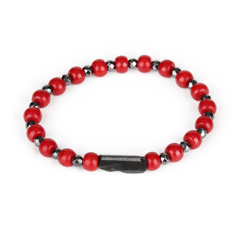 

6mm Chunky Flat Red Coral Bead Alternate 4mm Natural Black Faceted Hematite Healing Stone Charm Energy Bracelet For Man Women