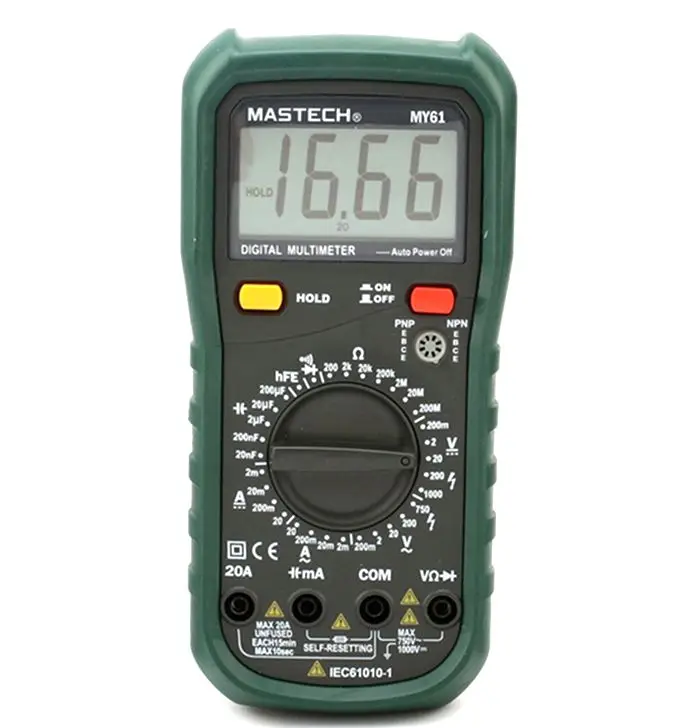 

MASTECH MY61 Digital Multimeter, capacitance measurements, with a self-resetting fuse, low voltage indication.