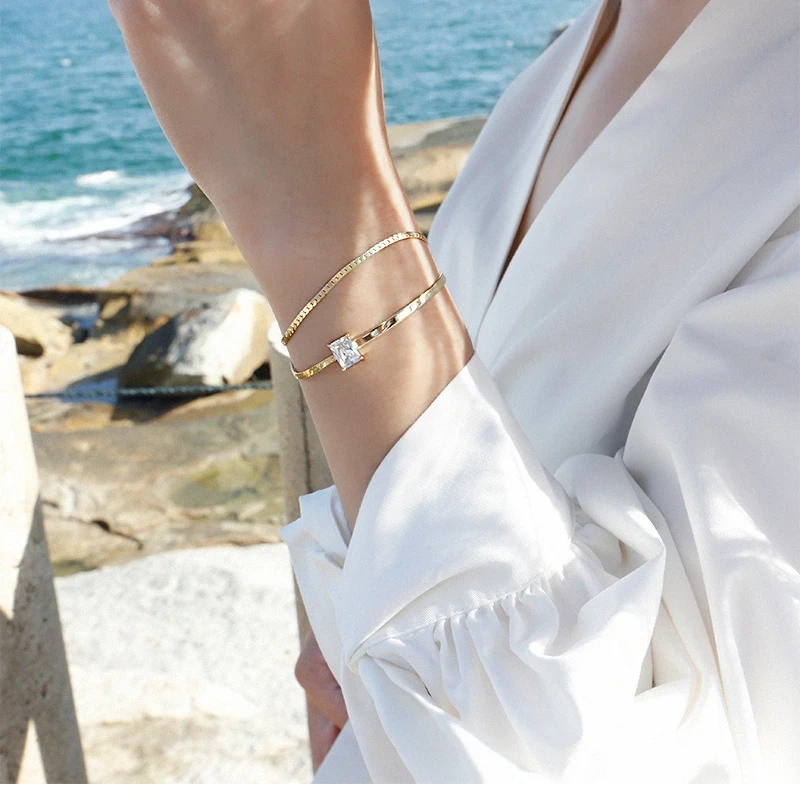 Tanie 925 srebro z cyrkoniami aaa dwuwarstwowe bransoletki fashion city wild square cyrkon regulowane bransoletki dla kobiet biżuteria