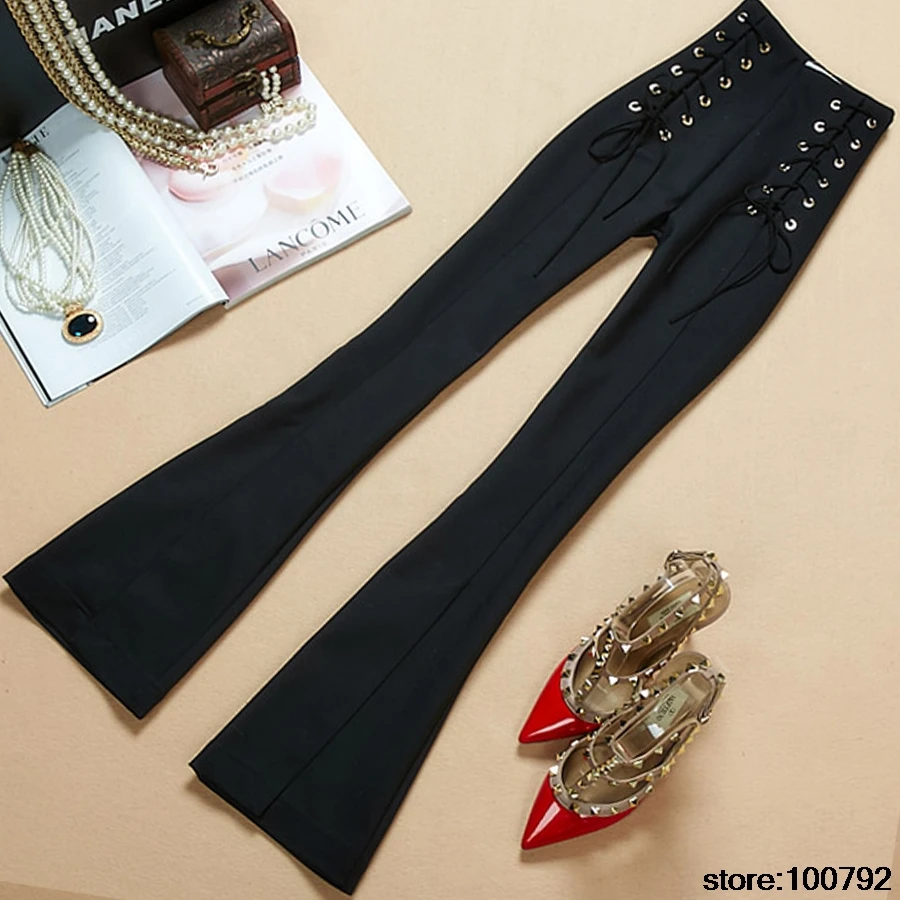 

2017 New Celebrity Black Lace Up Flared Pants Clothing High Quality Women Laced Up Bell Bottom Pants Trousers