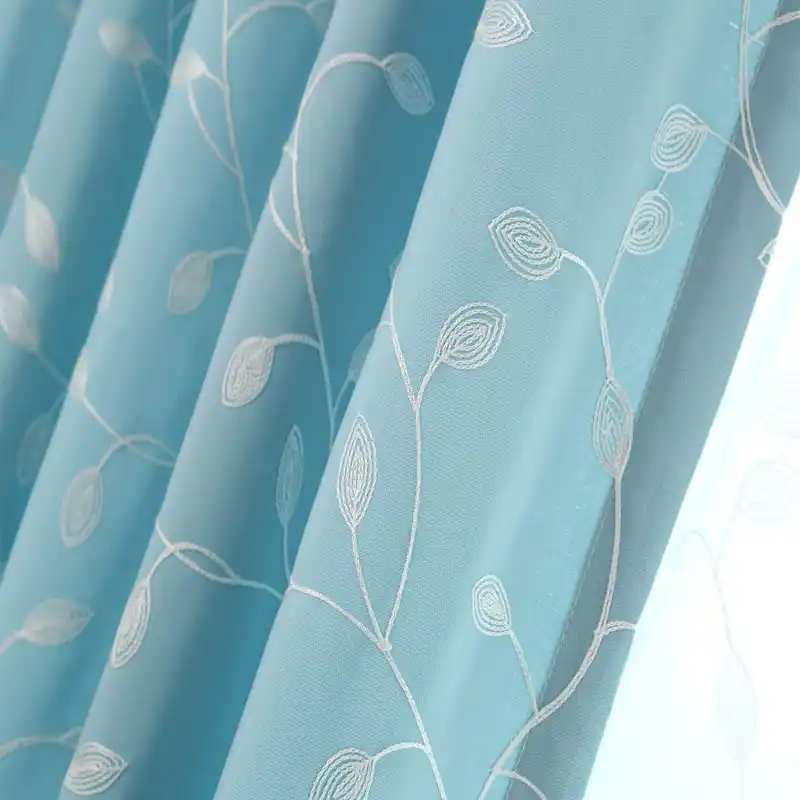 Cotton Embroidered Curtains Light Blue White Leaves Window Curtains
