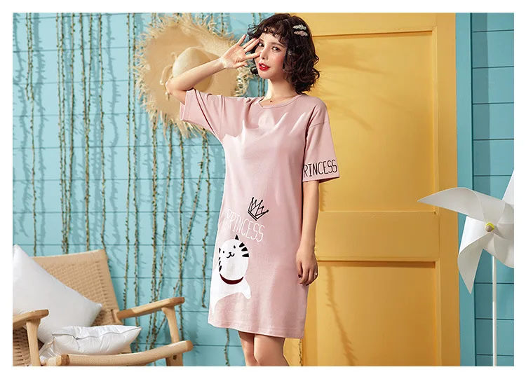 Женская одежда для сна с рисунком персонажей из мультфильмов, короткий рукав, милая Пижама, пеньюар летнее платье из хлопка с рисунком кота и ночная рубашка Повседневное ночная рубашка Розовое платье