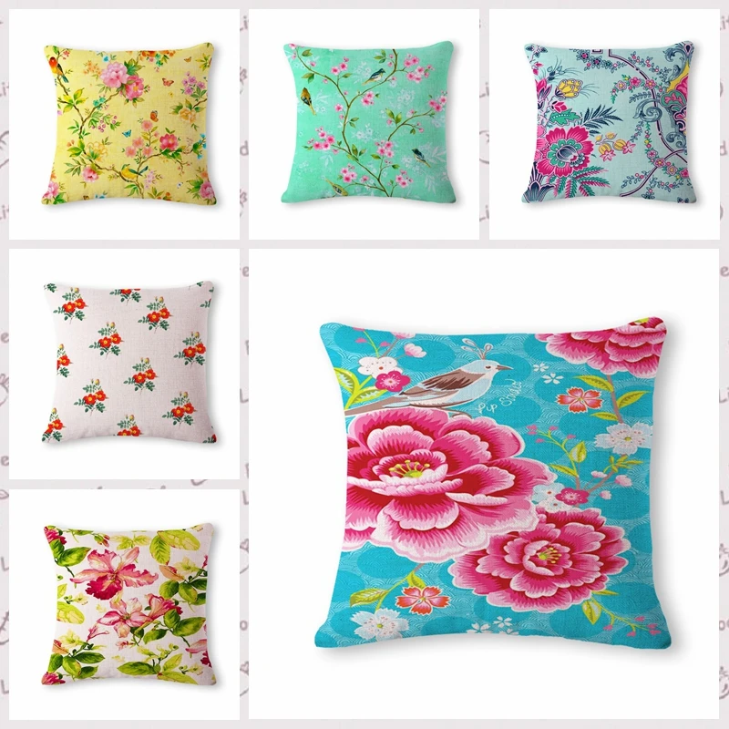 

Colorful Flower Yellow Cushion Cover Woven Linen Family Affection Sofa Car Seat Family Home Decorative Throw Pillow Case