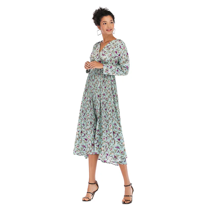 

2019 European And American Autumn And Winter New Women Clothing Female V-neck Small Floral Long Sleeves High Waist Chiffon Dress