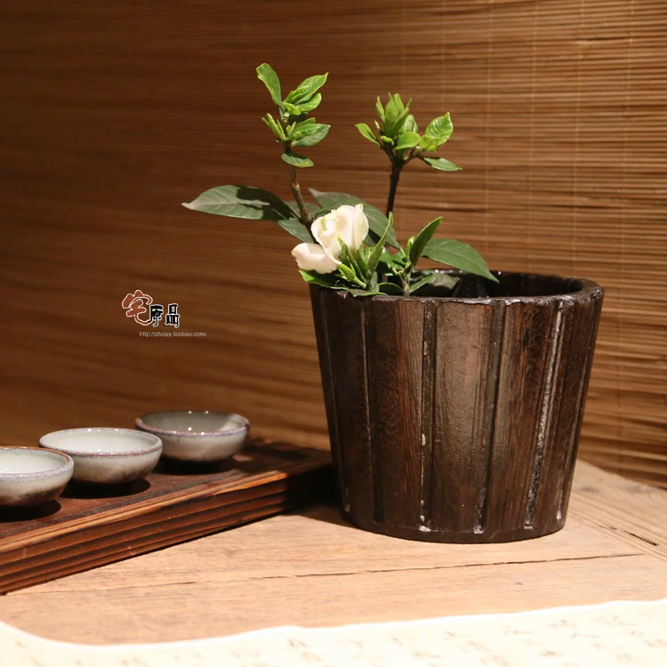 Retro nostalgia paulownia wood burning flowerpot Japanese wooden flower
