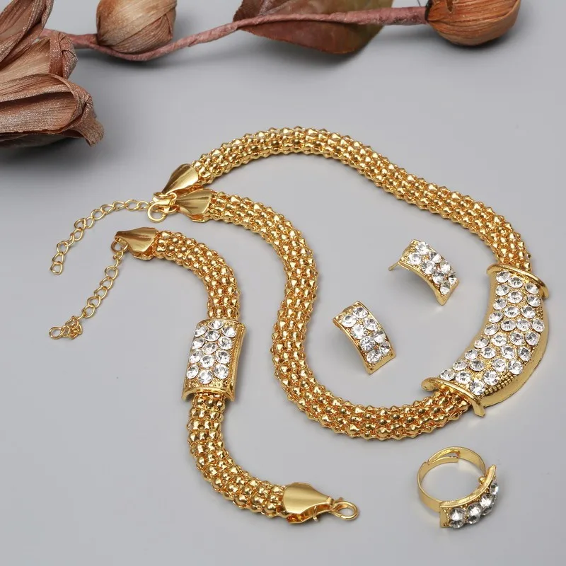 Amazing Price Wedding Gold Jewelry Sets For Women Pendant Statement African Beads Crystal Necklace Earrings Bracelet Rings