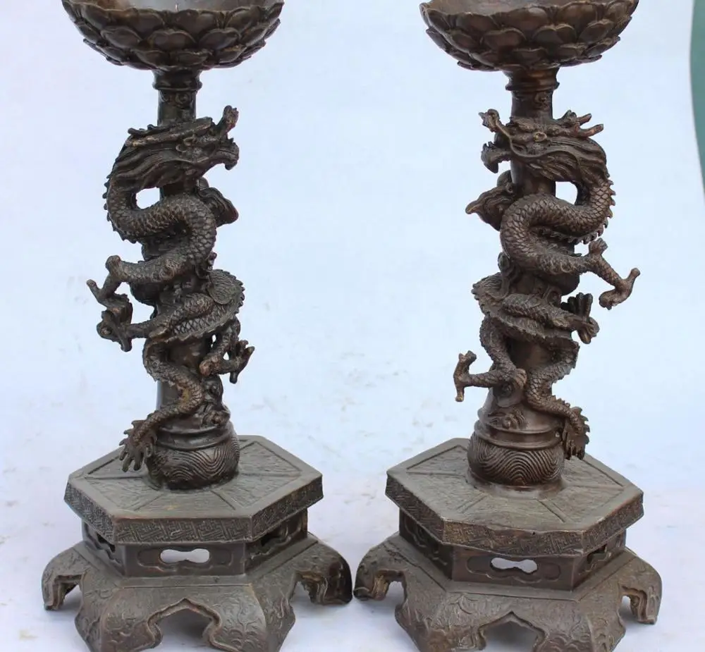 

16" Rare Bronze Lotus Twist Dragon Dragons Candlestick Candle Stick Holder Pair