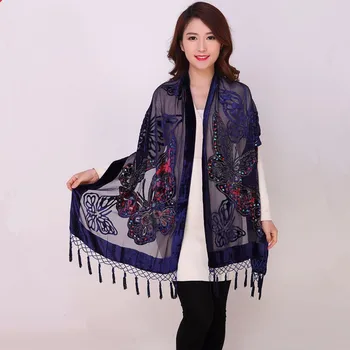 

Chinese Women Velvet Silk Beaded Shawls Vintage Handmade Embroidery Scarves Scarf Long Fringe Pashmina Butterfly Cape Stole