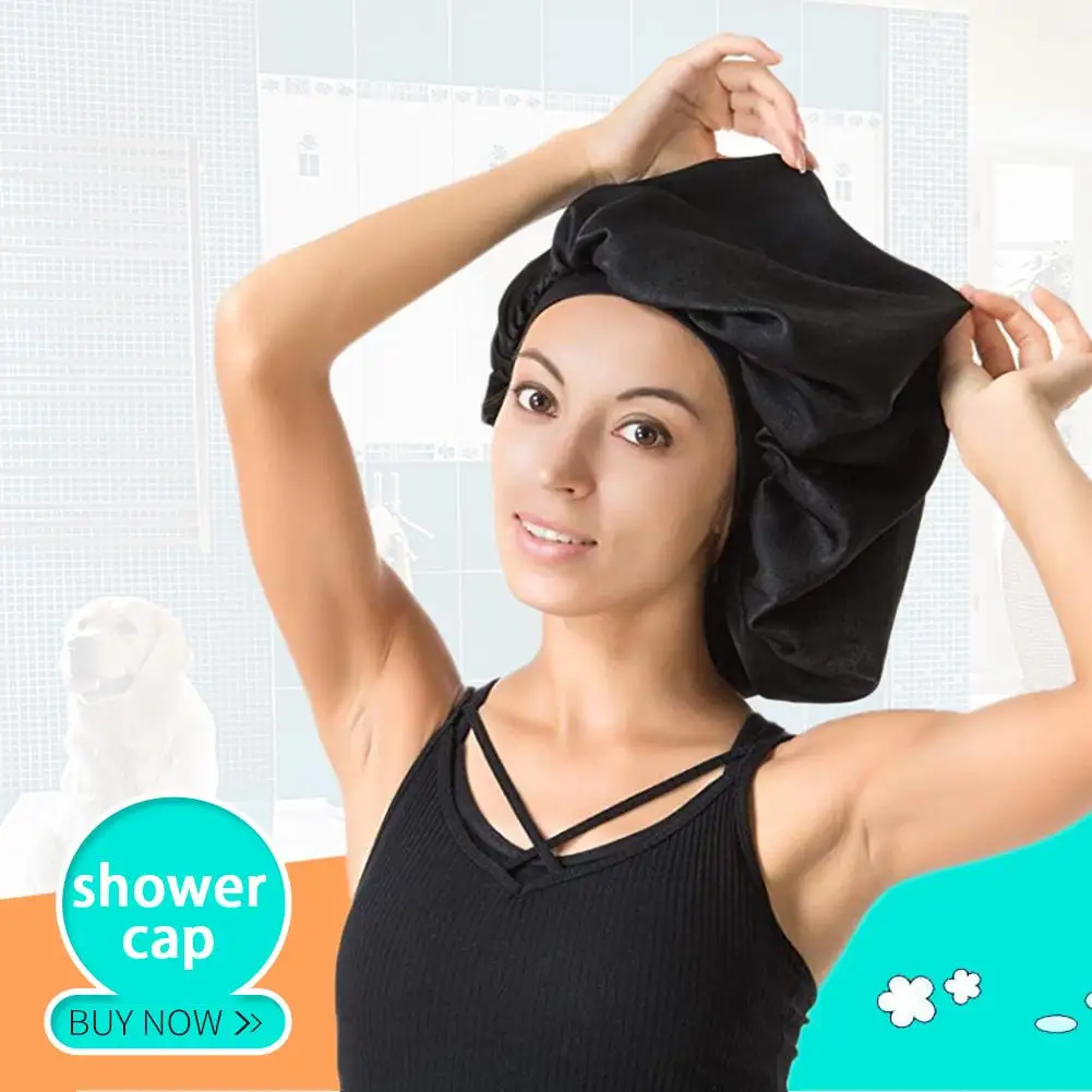 Черная большая двухслойная шапочка с резиновой лентой для сна, водонепроницаемая шапочка для душа для женщин, защита волос от Frizzing