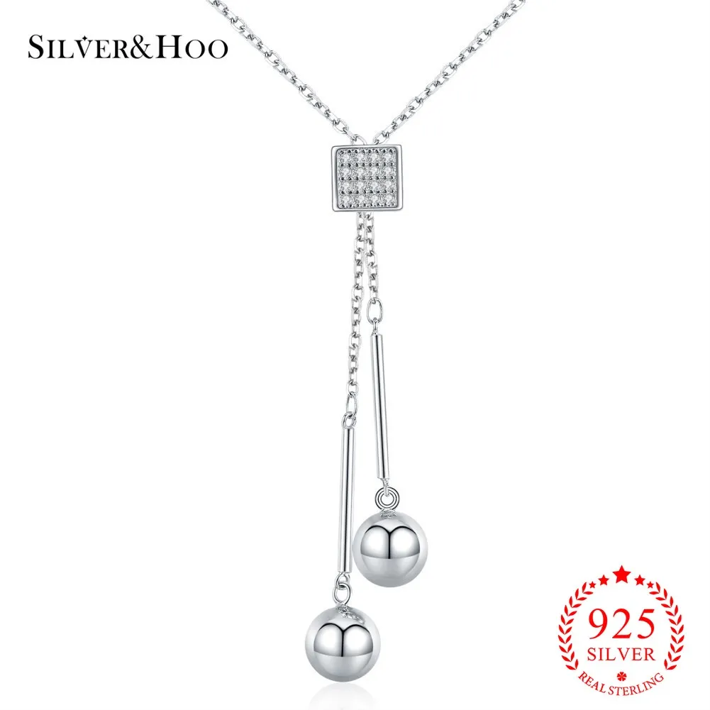 

SILVERHOO Authentic S925 Real Sterling Silver Simple Trend Set Stone Square Hanging Double Beads Sterling Silver Necklace