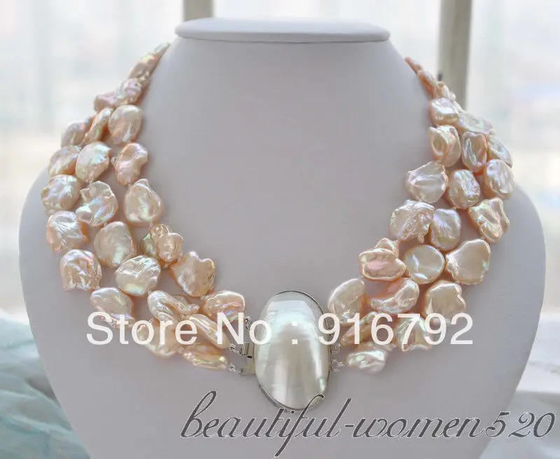 

Wholesale free shipping >>>>>3strands 19mm BAROQUE pink KESHI REBORN PEARL NECKLACE mabe clasp