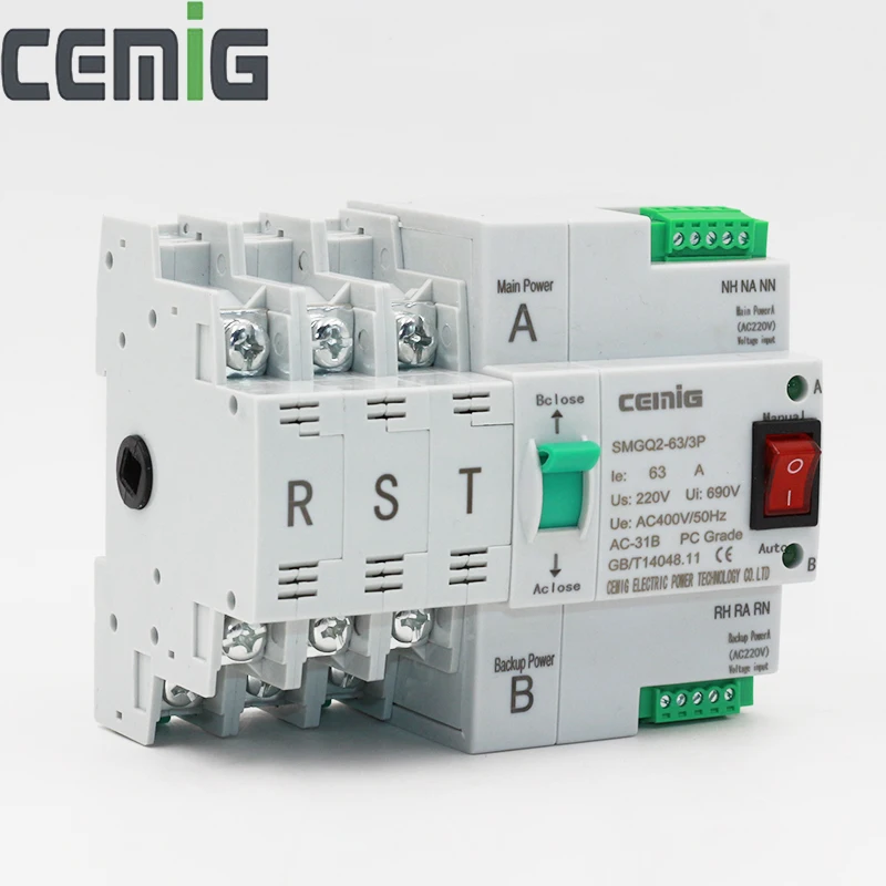 

ATS Dual-Power Automatic Transfer Switch SMGQ2-63/3P Circuit Breaker MCB AC 230V 16A to 63A Household 35mm Rail Installation