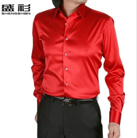 Men's Shirt Solid Color Red Faux Silk Shirt Long sleeve Wedding Dress ...