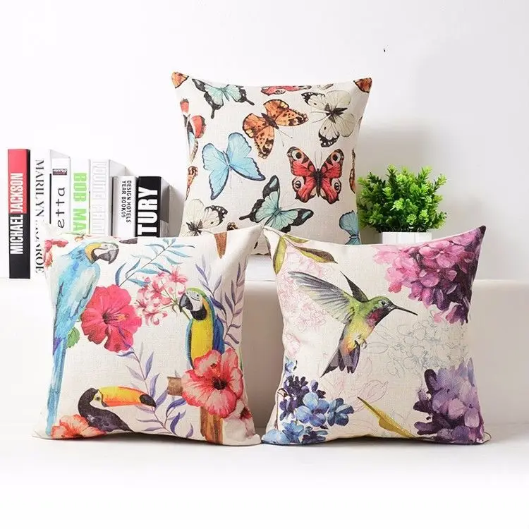18" Flowers Birds Cotton Linen Waist Cushion Cover Pillow Case Home Decor 