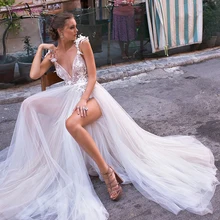 Julia Kui сексуальное свадебное платье с глубоким v-образным вырезом и открытой спиной, а-силуэт, с разрезом сбоку, на тонких бретелях, пляжная юбка невесты vestido de novia