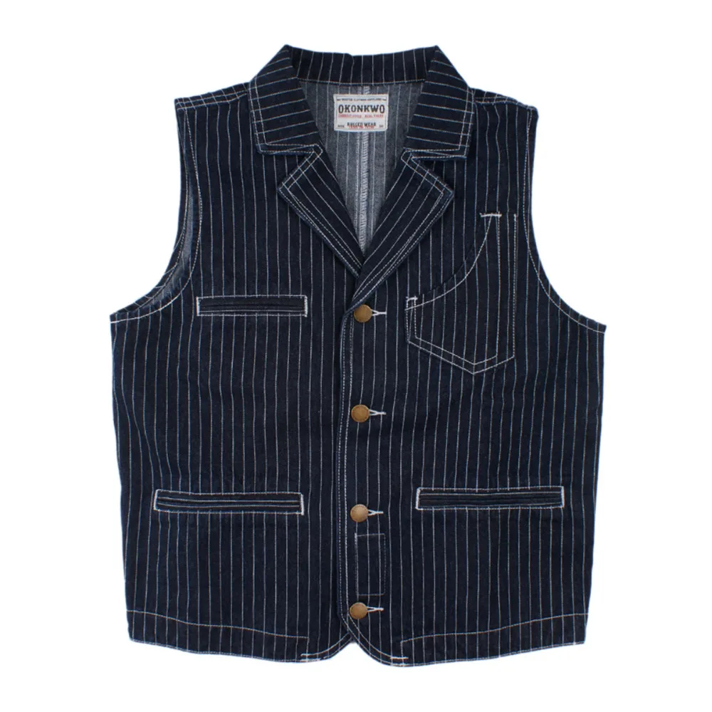 

Autumn Winter Vintage Denim Stripe Vest Men Cargo Slim Men Waistcoat Turn-down Collar Multi Pocket Suit Vest Mens Clothing