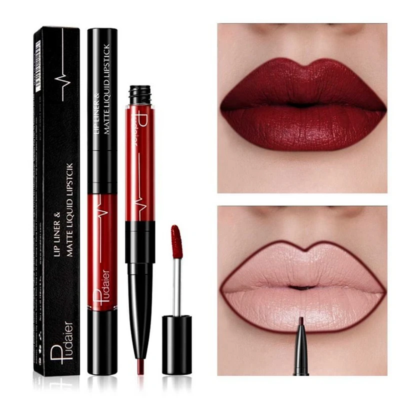 

2 In 1 Lipgloss Matte Makeup Lips Liner Pencil 16 Color Liquid Lipstick Red Smooth Long Lasting Waterproof Lipgloss