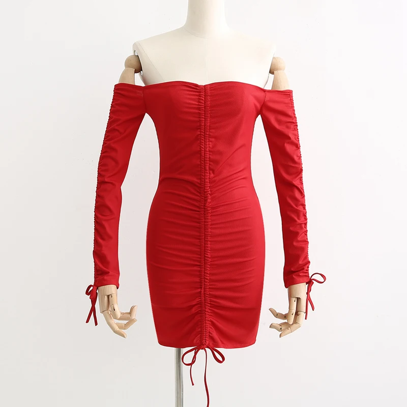 Bu19 Pour Moulantes Femmes xddr19black Dames Robes Manches Longues Mini Robe Xddr19red À Élégant Sexy Off Épaule De Mode vS1EwSZxq