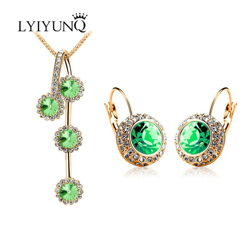 

LYIYUNQ Trendy Round Crystal Long Earrings Pendant Necklace Jewelry Set Punk Rhinestone Wedding Jewelry Sets For Women