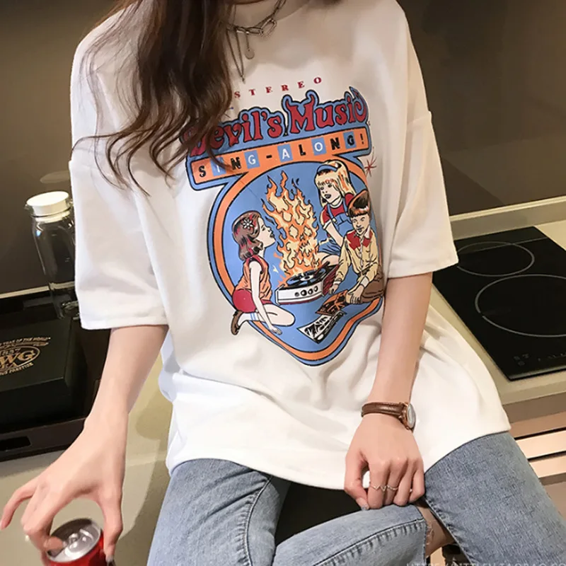 

Vintage Graphic Print Tshirt Women 2019 Summer Cotton White Aesthetic Tee Shirt Femme Streetwear Oversized Womens T Shirt Tops