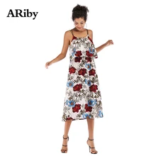Women Dress Summer Maxi Dress 2019 New Fashion Floral Print Chiffon Slim Plus Size Sleeveless Round Collar Mid-Calf Sling Dress
